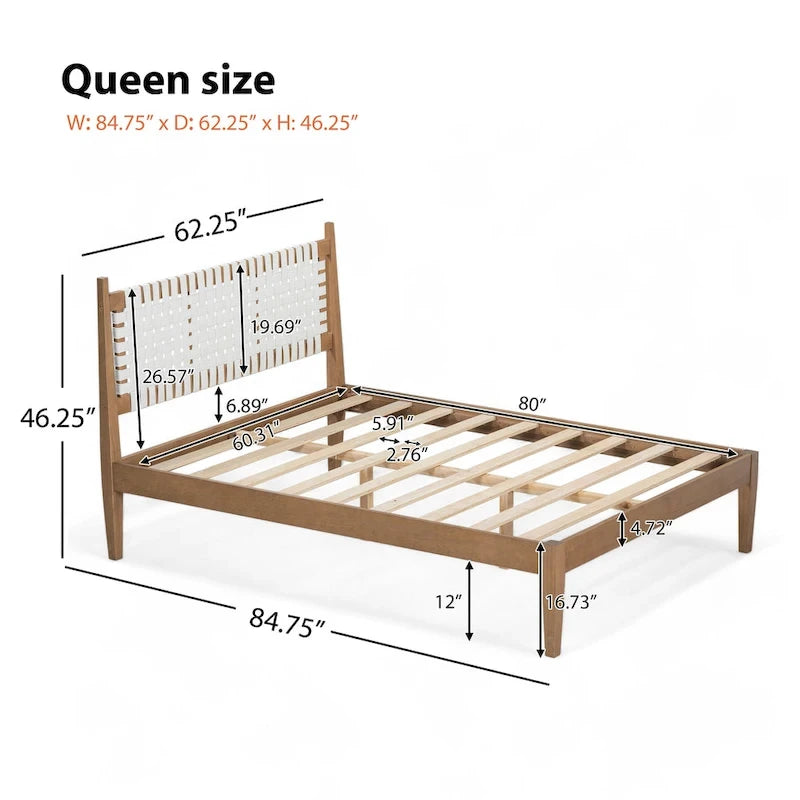 Lit plateforme Queen avec tête de lit en cuir tressé et cadre en bois massif