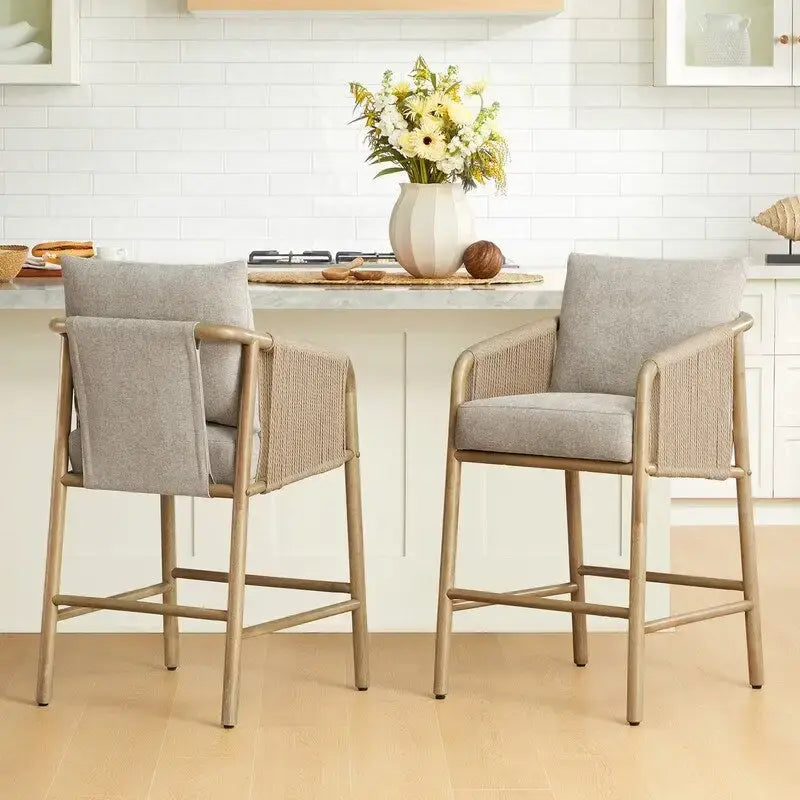 Tabouret de bar hauteur comptoir avec accoudoirs en bois tressé, lot de 2