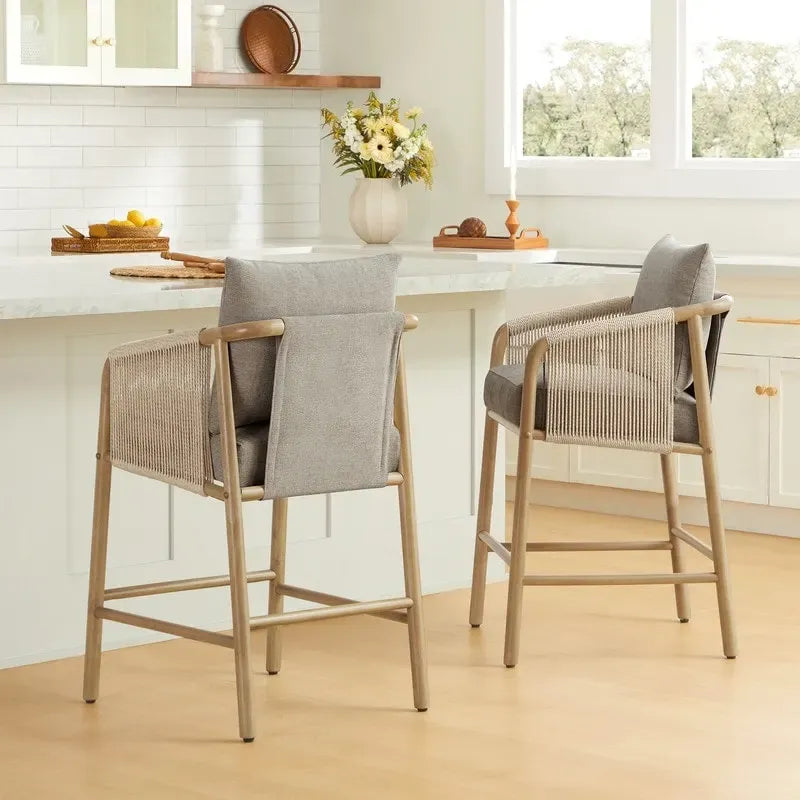 Tabouret de bar hauteur comptoir avec accoudoirs en bois tressé, lot de 2