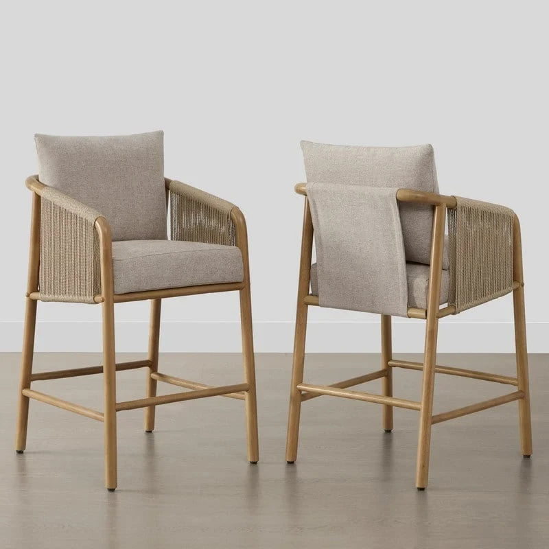 Tabouret de bar hauteur comptoir avec accoudoirs en bois tressé, lot de 2