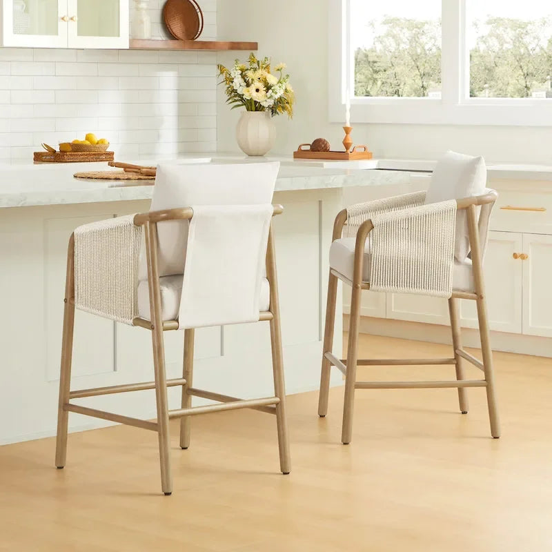 Tabouret de bar hauteur comptoir avec accoudoirs en bois tressé, lot de 2