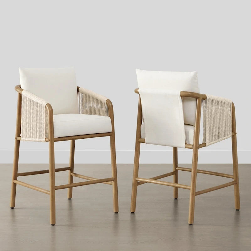 Tabouret de bar hauteur comptoir avec accoudoirs en bois tressé, lot de 2