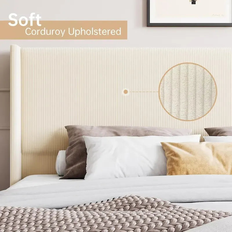 Lit plateforme en velours côtelé avec tête de lit verticale de 130 cm de haut