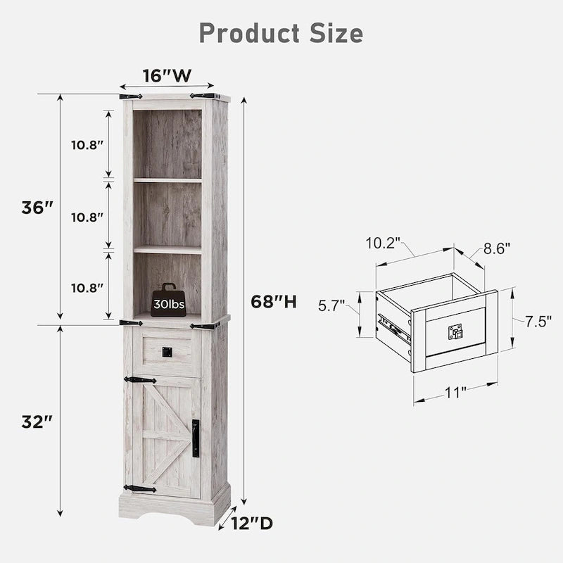 Meuble de rangement étroit de salle de bain de style ferme, Meuble de rangement de 68 po de hauteur