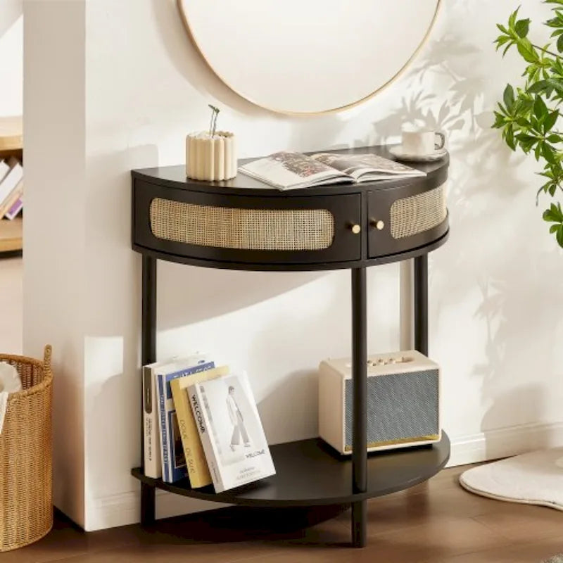 Half-Moon Rattan Console Table with Drawers & Sliding Door - 31.88 x 15.74 x 32.28 inch