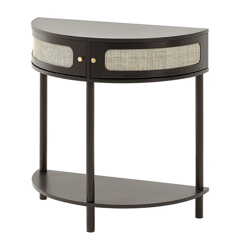 Console en rotin demi-lune avec tiroirs et porte coulissante - 31.88 x 15.74 x 32.28 pouces