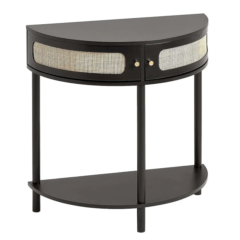 Console en rotin demi-lune avec tiroirs et porte coulissante - 31.88 x 15.74 x 32.28 pouces