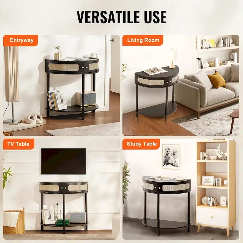 Console en rotin demi-lune avec tiroirs et porte coulissante - 31.88 x 15.74 x 32.28 pouces