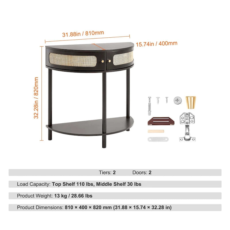 Console en rotin demi-lune avec tiroirs et porte coulissante - 31.88 x 15.74 x 32.28 pouces