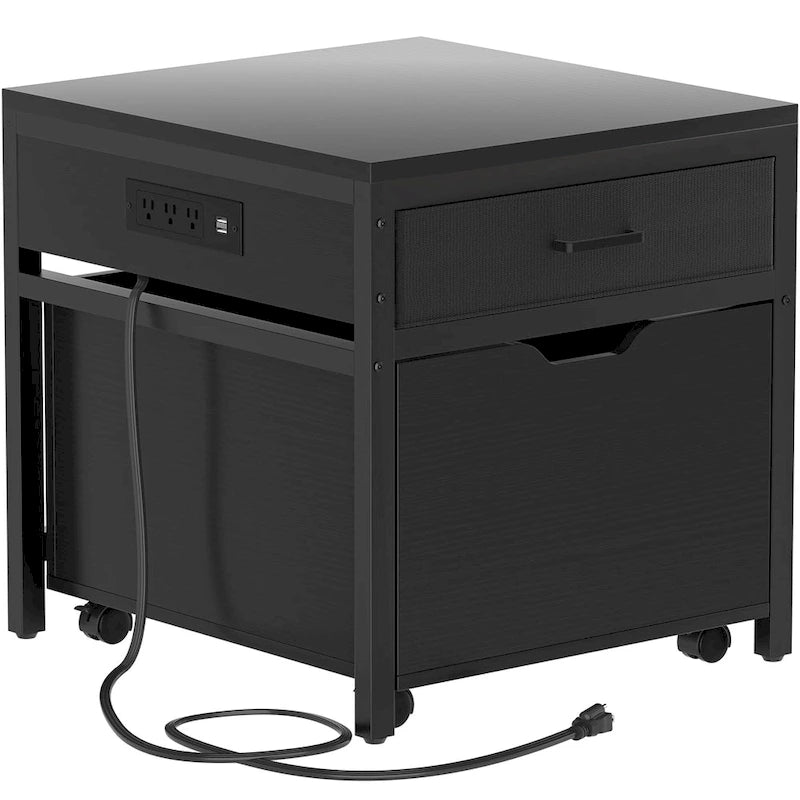 Meuble de support pour mini-réfrigérateur avec station de charge, table d'appoint avec tiroirs de rangement et meuble à roulettes