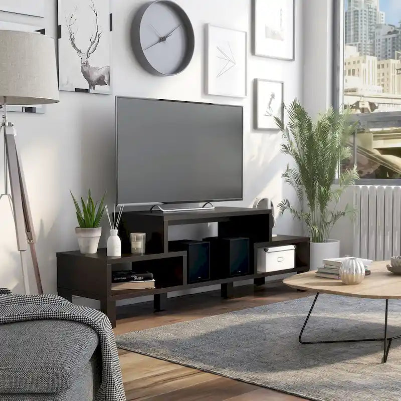 Meuble TV moderne à 3 étagères, finition espresso, élégant meuble média pour le salon