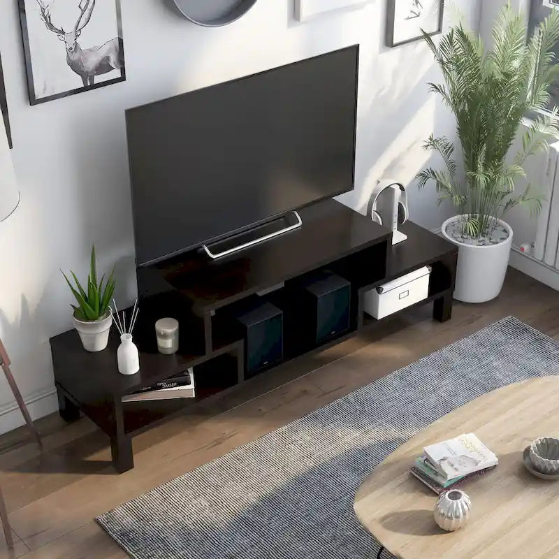 Meuble TV moderne à 3 étagères, finition espresso, élégant meuble média pour le salon