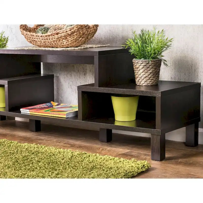 Meuble TV moderne à 3 étagères, finition espresso, élégant meuble média pour le salon