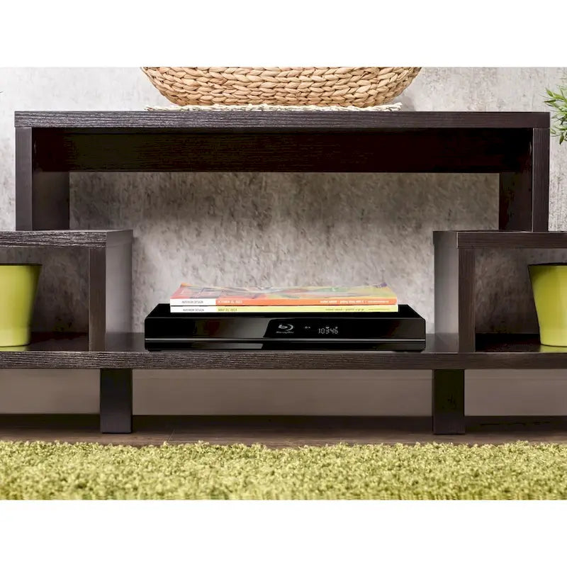Meuble TV moderne à 3 étagères, finition espresso, élégant meuble média pour le salon