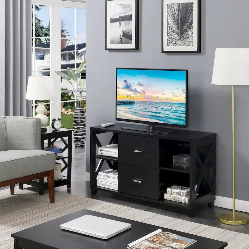 Meuble TV 2 tiroirs avec étagères pour téléviseurs jusqu'à 55 pouces
