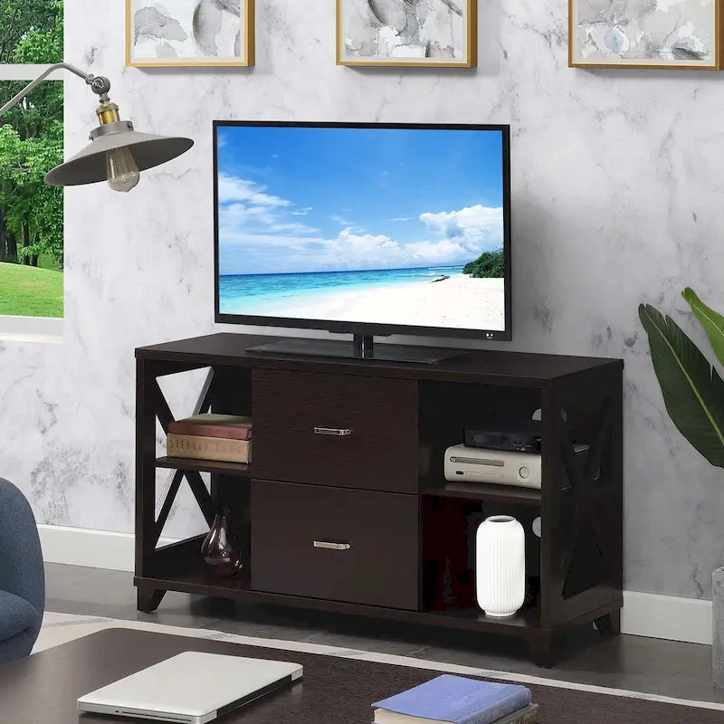 Meuble TV 2 tiroirs avec étagères pour téléviseurs jusqu'à 55 pouces