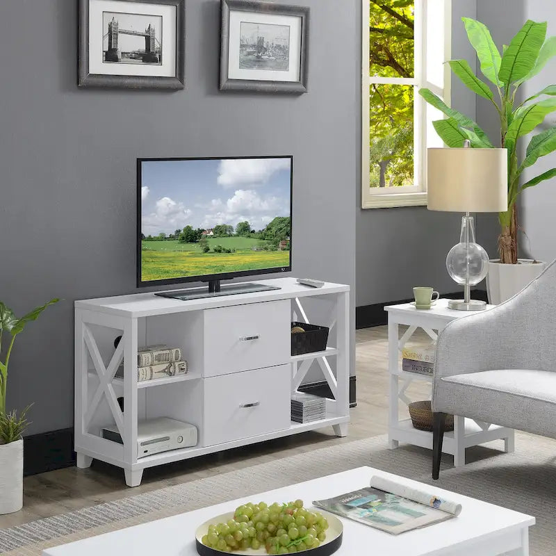 Meuble TV 2 tiroirs avec étagères pour téléviseurs jusqu'à 55 pouces