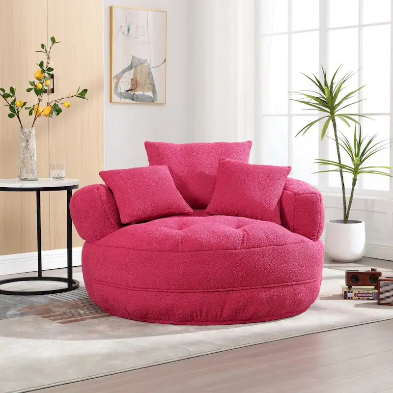 Boucle Upholstered Tufted Barrel Accent Living Room Chair With Toss Pillows