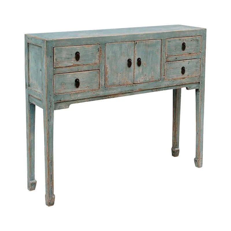 Console avec 4 tiroirs, 99 cm de long, Aqua doux vieilli