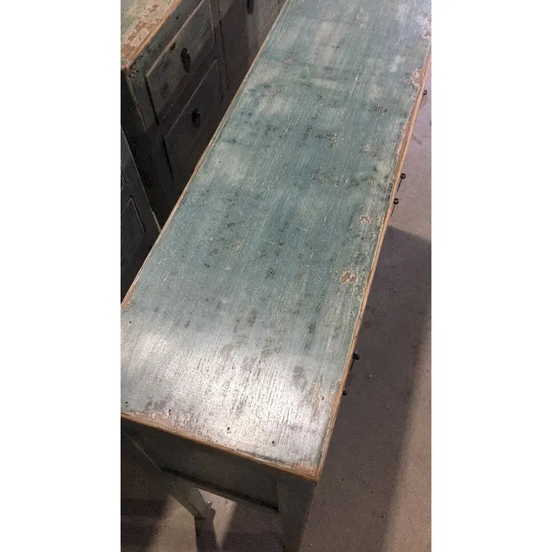 Console avec 4 tiroirs, 99 cm de long, Aqua doux vieilli