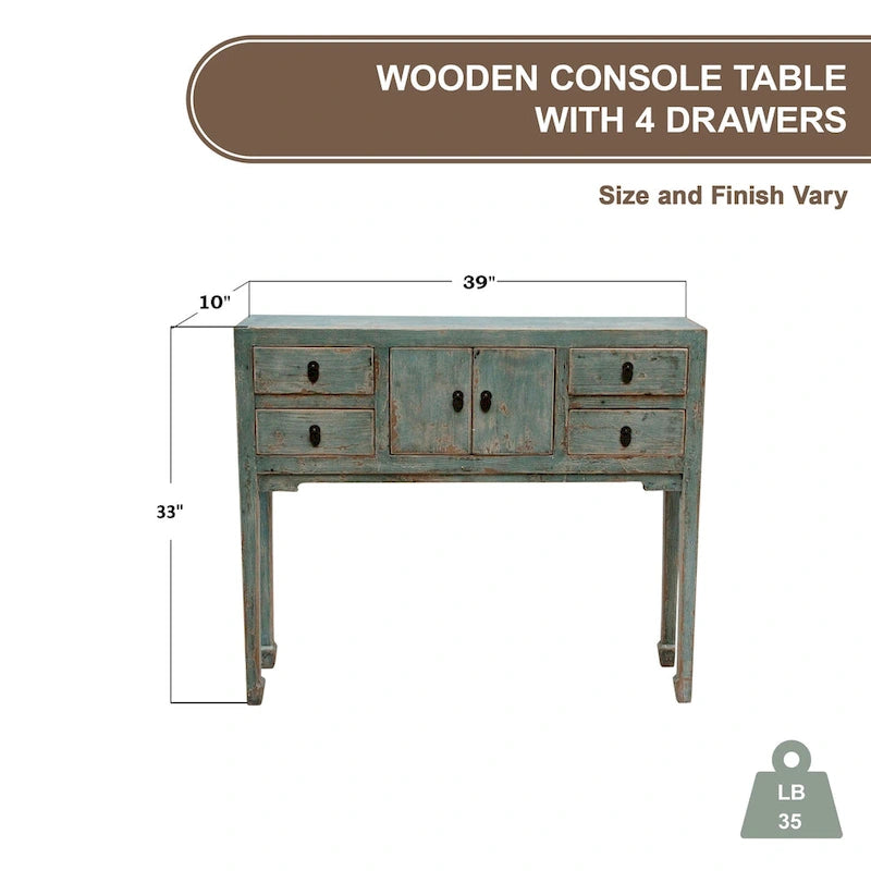 Console avec 4 tiroirs, 99 cm de long, Aqua doux vieilli