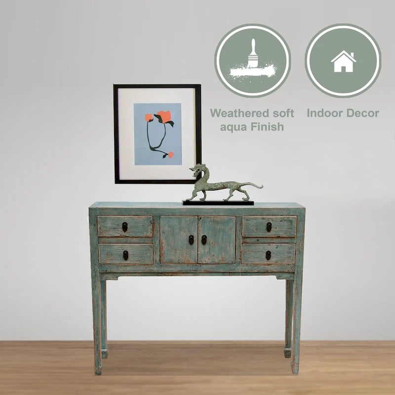 Console avec 4 tiroirs, 99 cm de long, Aqua doux vieilli
