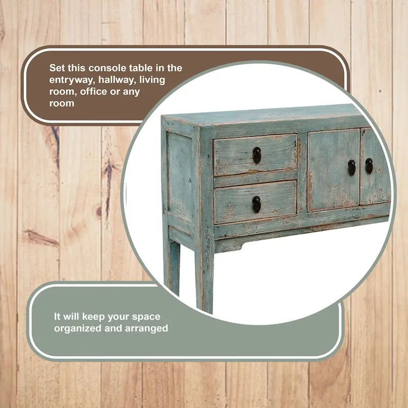 Console avec 4 tiroirs, 99 cm de long, Aqua doux vieilli