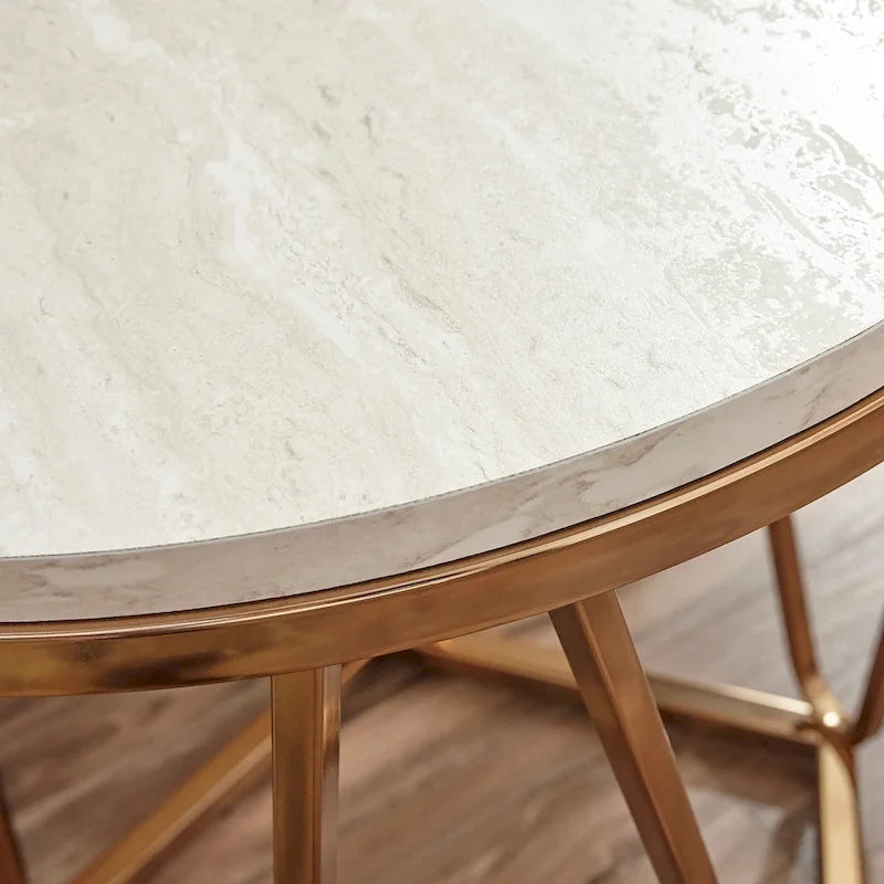 Table d'appoint ronde moderne en faux marbre avec base géométrique dorée