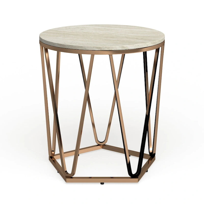 Table d'appoint ronde moderne en faux marbre avec base géométrique dorée