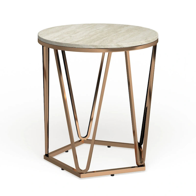 Table d'appoint ronde moderne en faux marbre avec base géométrique dorée