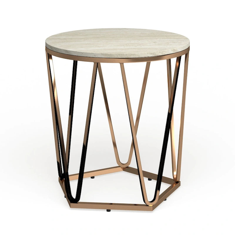 Table d'appoint ronde moderne en faux marbre avec base géométrique dorée