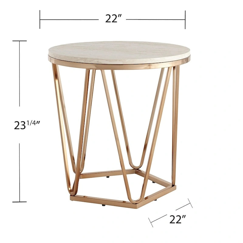 Table d'appoint ronde moderne en faux marbre avec base géométrique dorée
