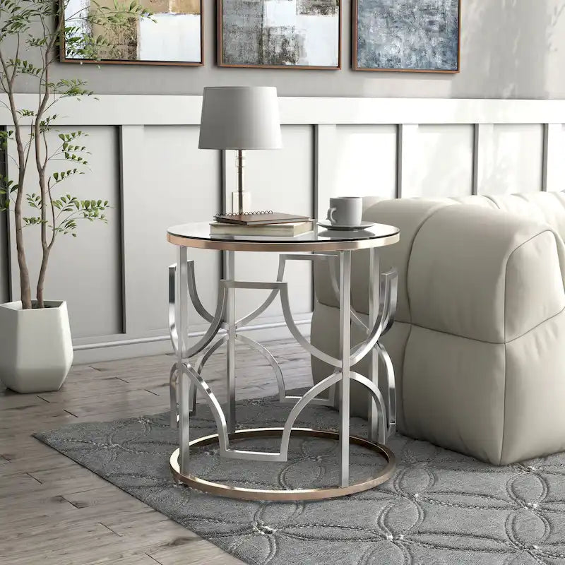 Table d'appoint ronde ouverte chromée et dorée de style moderne par