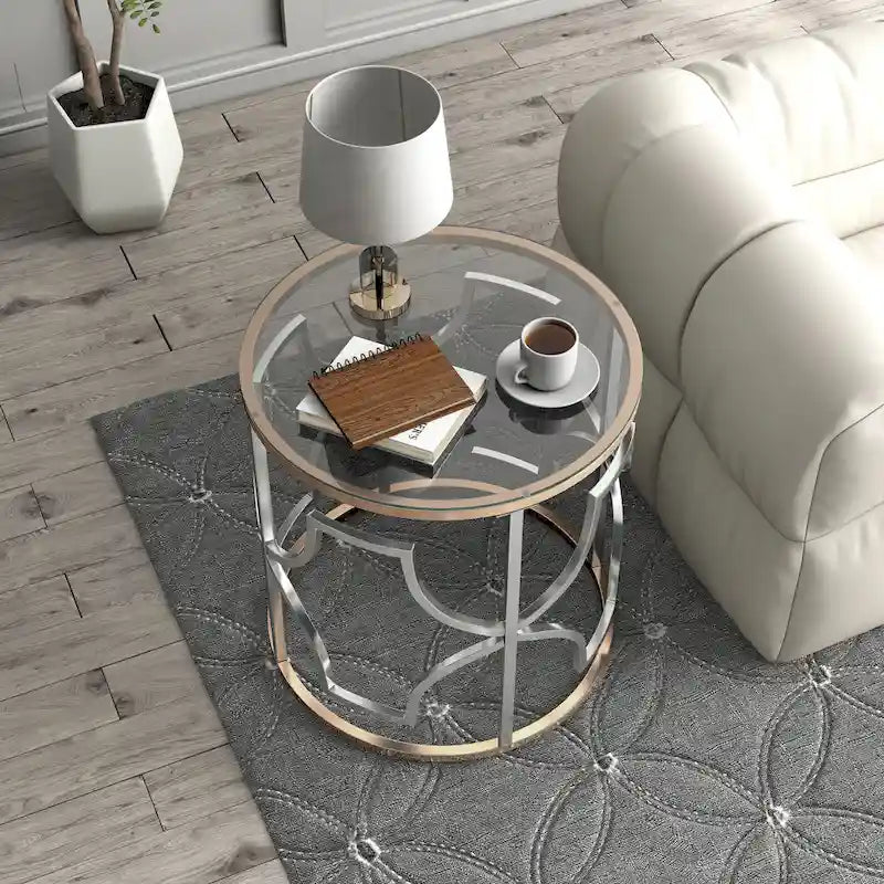 Table d'appoint ronde ouverte chromée et dorée de style moderne par