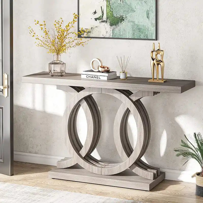 Console de 55 pouces avec base géométrique, table de couloir en bois, vintage