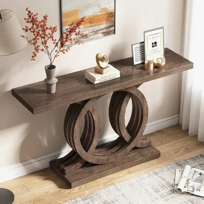 Console de 55 pouces avec base géométrique, table de couloir en bois, vintage