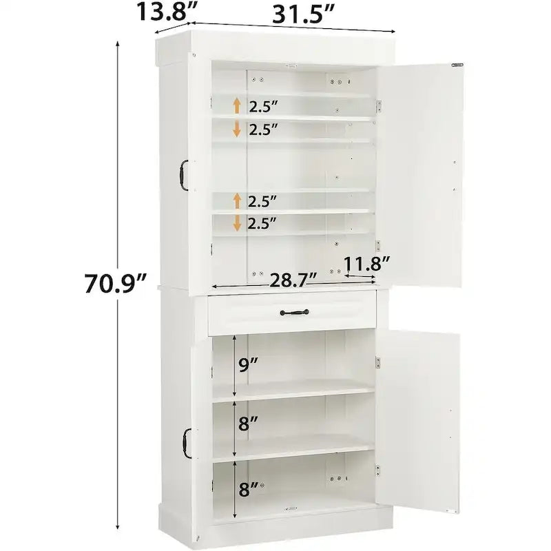 Meuble de cuisine autoportant de 71 po, grand meuble de rangement avec tiroir et étagères réglables, armoire de sol à 2 portes
