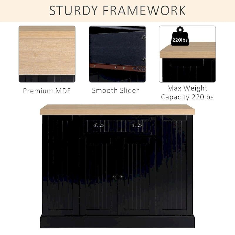 Îlot de cuisine en bois à cannelures, plan de travail avec abattant, tiroir, étagères ouvertes, rangement