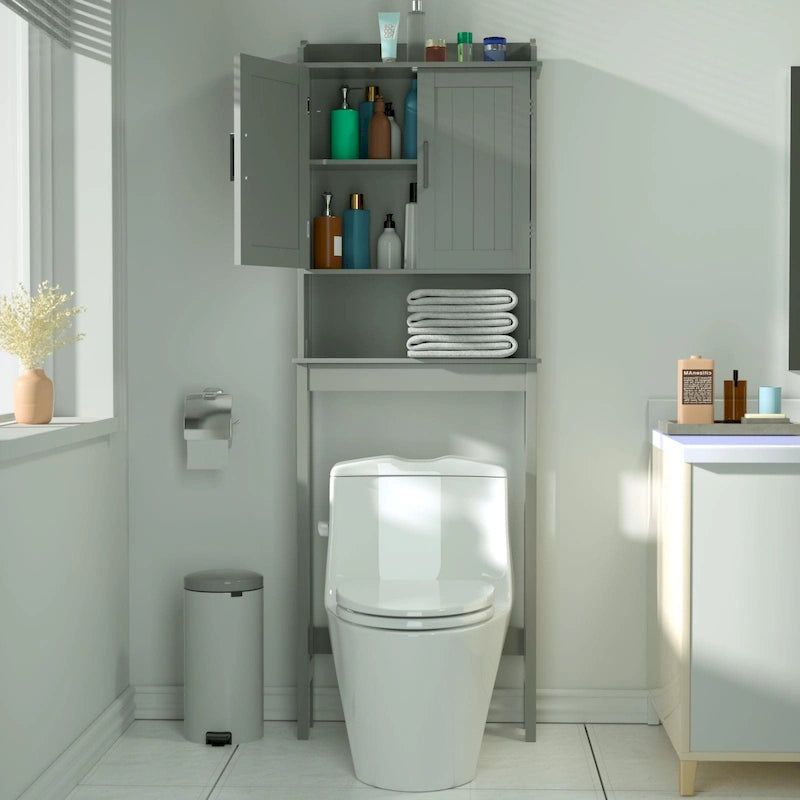 Meuble de rangement pour WC en bambou avec étagère réglable et portes doubles