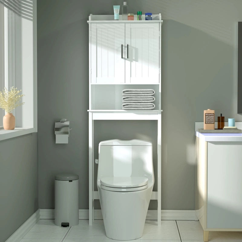 Meuble de rangement pour WC en bambou avec étagère réglable et portes doubles
