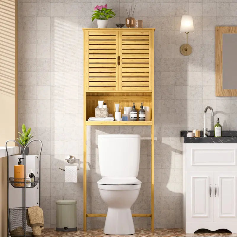 Meuble de rangement pour WC en bambou avec étagère réglable et portes doubles