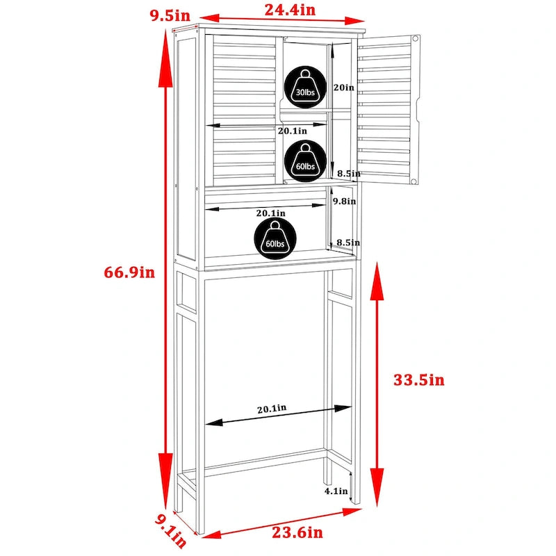 Meuble de rangement pour WC en bambou avec étagère réglable et portes doubles