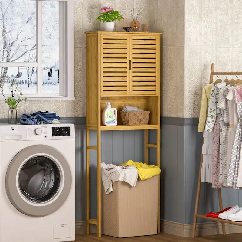 Meuble de rangement pour WC en bambou avec étagère réglable et portes doubles