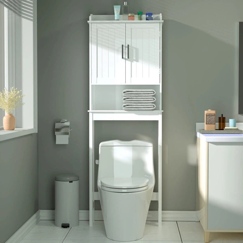 Meuble de rangement pour WC en bambou avec étagère réglable et portes doubles
