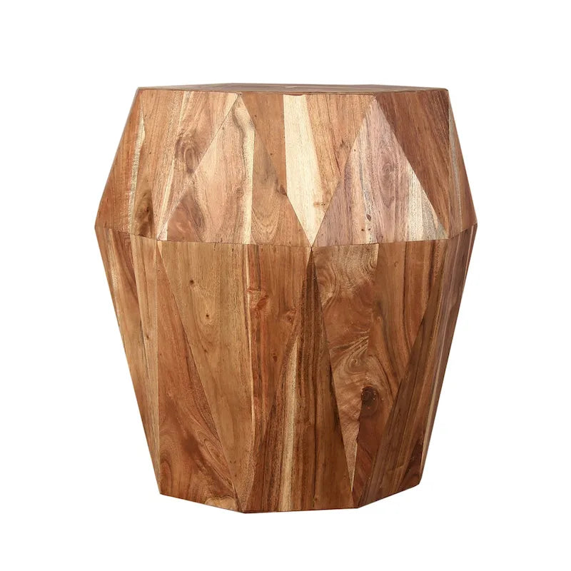 Table d'appoint artisanale de 22 pouces, bois d'acacia massif multifacette, plateau octogonal, marron naturel