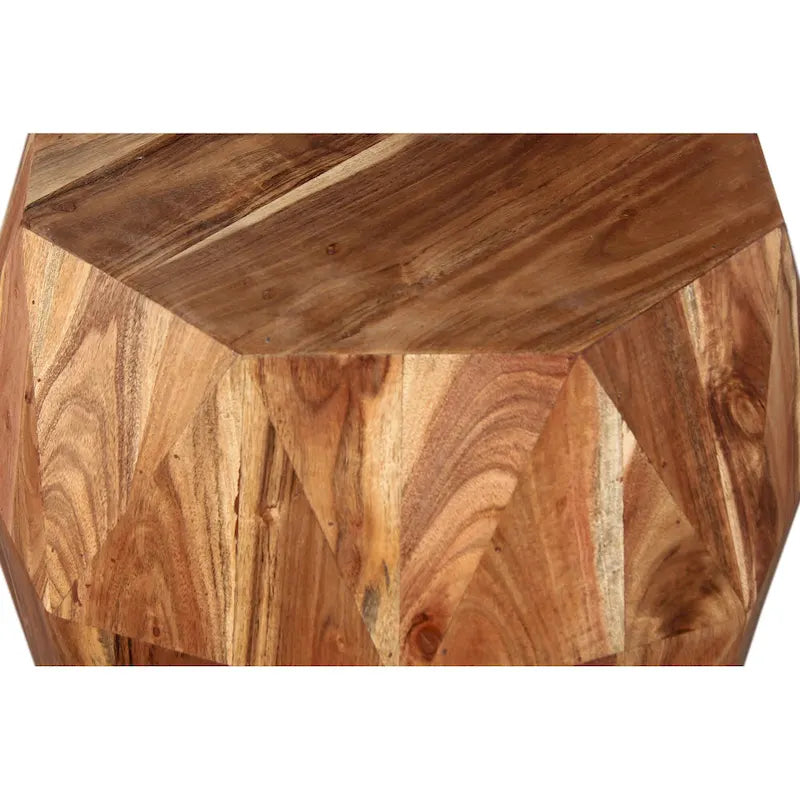 Table d'appoint artisanale de 22 pouces, bois d'acacia massif multifacette, plateau octogonal, marron naturel