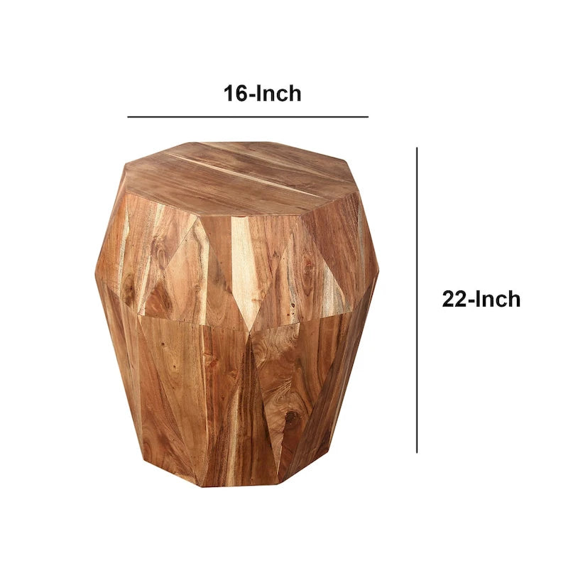 Table d'appoint artisanale de 22 pouces, bois d'acacia massif multifacette, plateau octogonal, marron naturel