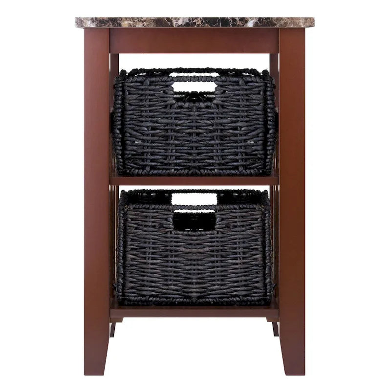 Table d'appoint avec 2 paniers pliables en spathe de maïs, plateau en faux marbre, chocolat et noyer - 16,54 x 20,08 x 25,04 pouces