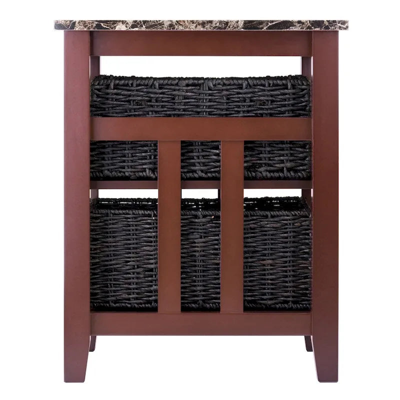 Table d'appoint avec 2 paniers pliables en spathe de maïs, plateau en faux marbre, chocolat et noyer - 16,54 x 20,08 x 25,04 pouces