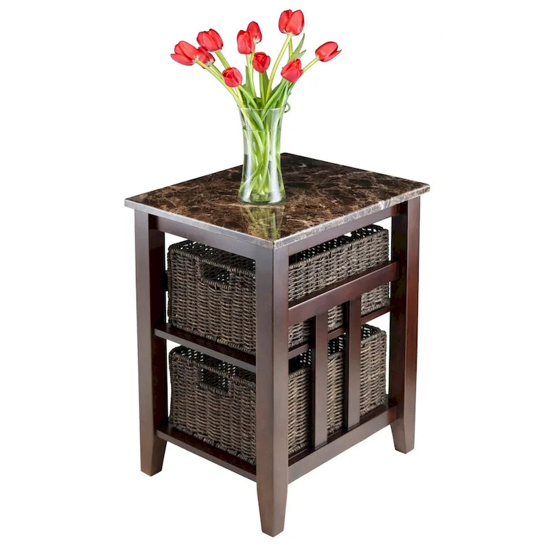 Table d'appoint avec 2 paniers pliables en spathe de maïs, plateau en faux marbre, chocolat et noyer - 16,54 x 20,08 x 25,04 pouces